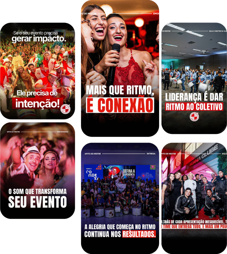 Colagem de fotos da dinâmica de team building com bateria de escola de samba da Apito de Mestre em eventos corporativos
